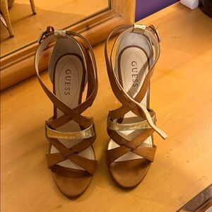 Guess Women's Tan and Gold Strappy Heels